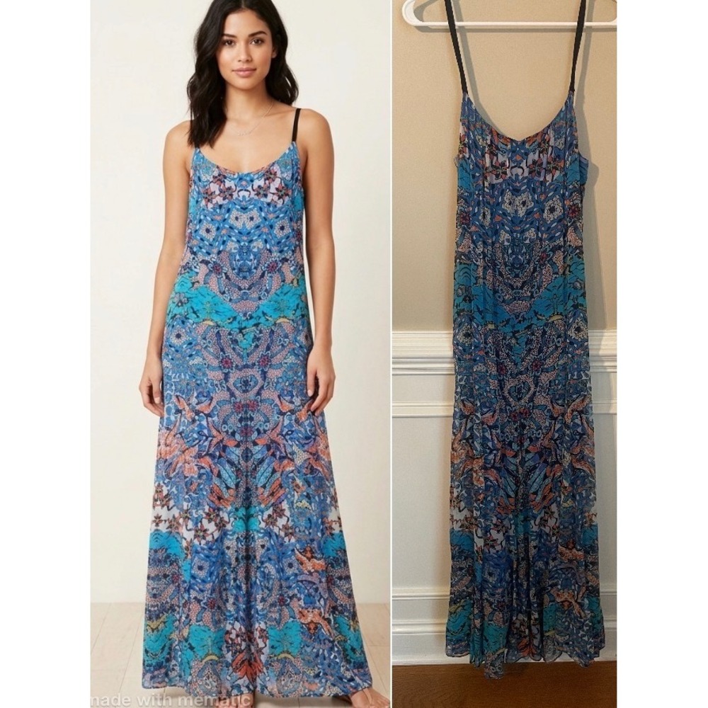 Twelfth Street by Cynthia Vincent Silk Maxi Dress Blue Abstract Size S Resort